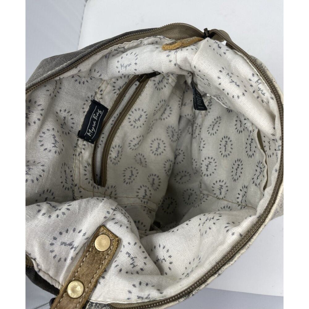 MYRA Purse Canvas Leather Cowhide Shoulder Bag Floral Gray Tan - Picture 10 of 12